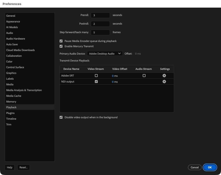 Premiere Playback settings