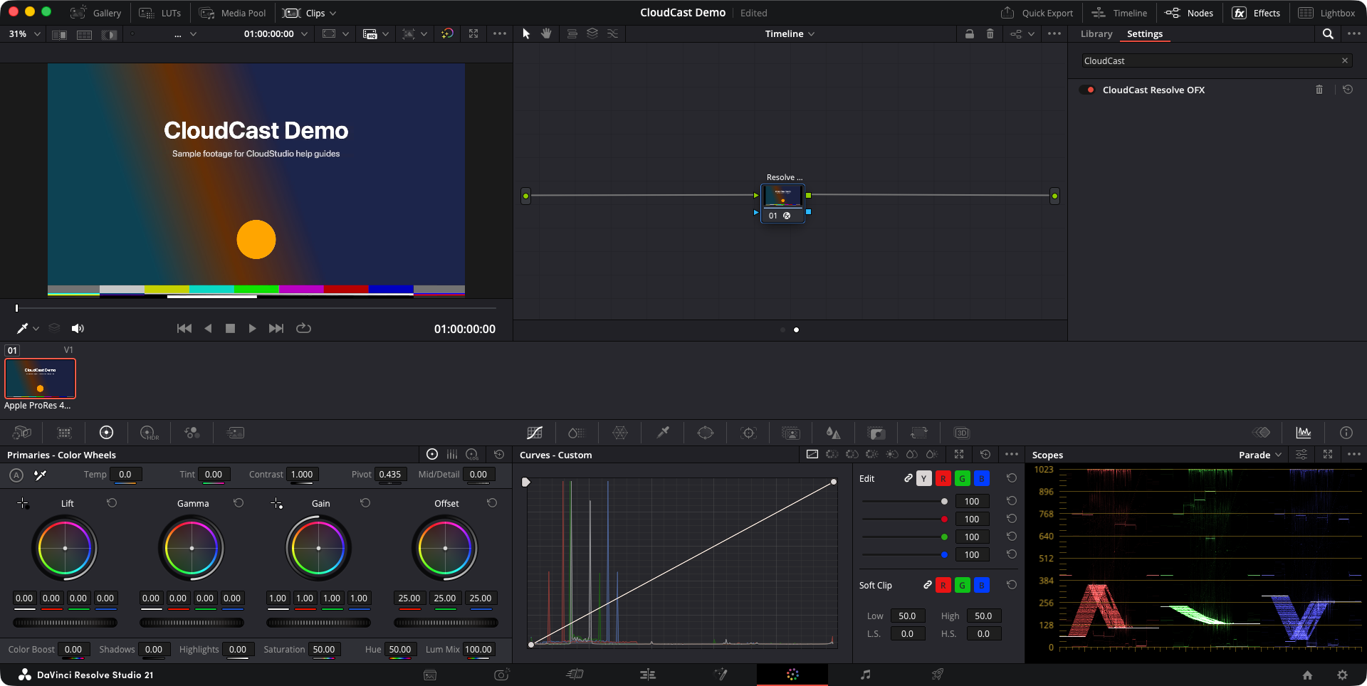 Resolve Color page with the CloudCast OFX